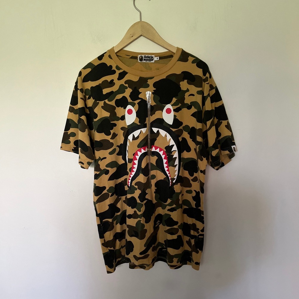 A Bathing Ape BAPE Shark Face Camo Tee Mens XL Yellow Camouflage Made in Japan
